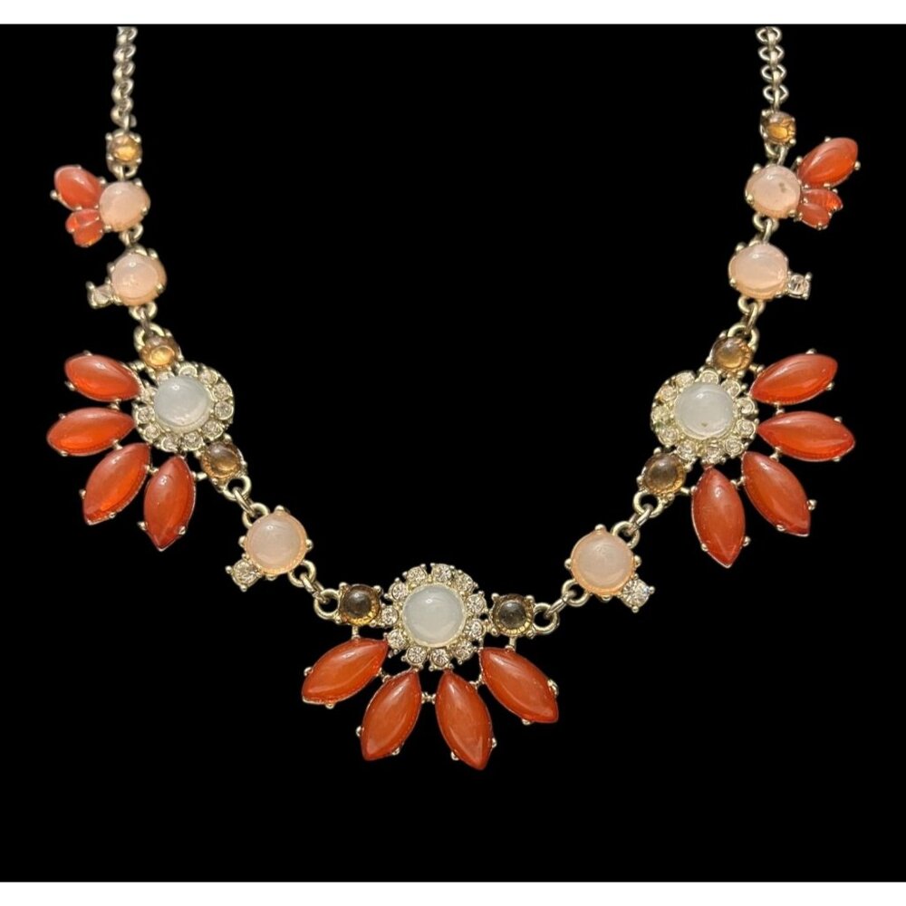 Coral Acrylic Cabochon & Rhinestone Art Deco Statement Necklace